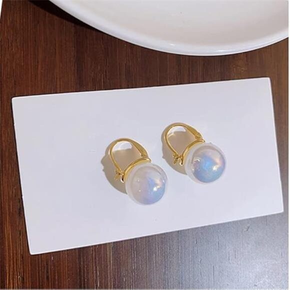 White Pearl Drop Earrings – 925 Sterling Silver & Gold Hoop Dangles - Picture 2 of 5